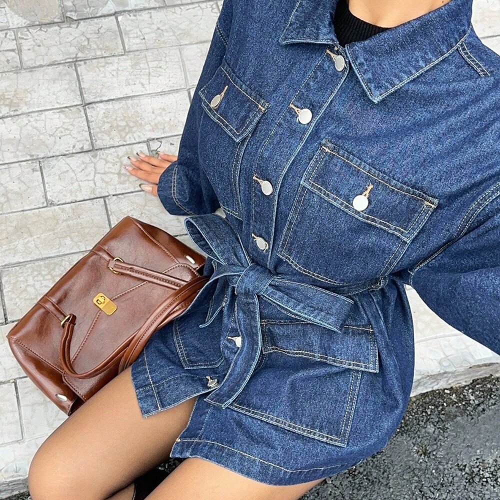 Dark Wash Casual Women's Denim Jacket with Waist Pocket - Picture 2 of 6